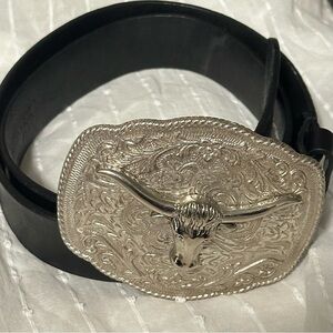 Longhorn Bull Embossed Leather Belt Black Leather